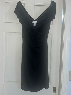 White House Black Market Black Ruffle V-Neck Midi Dress with Draped Silhouette
